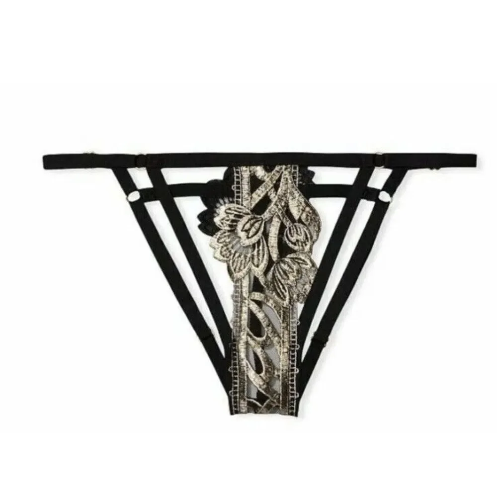 Victoria's Secret Embroidered Open Cup‎ Bra String Bikini Set 36B / S Black Gold